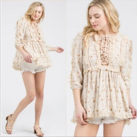 POL Floral Boho Cottagecore Babydoll Embroidered Ruffle Blouse M - Picture 1 of 11